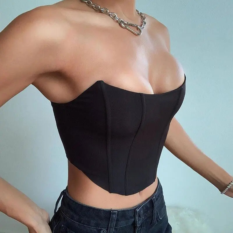 Sin mangas de hombro de terciopelo moda Sexy corsé Crop Tops chaleco ropa interior femenina espalda descubierta Bustier Top sólido