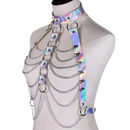 Arnés de cadena para el cuerpo de cuero holográfico, Top Punk para mujer, joyería de cintura de arcoíris, traje de fiesta rave