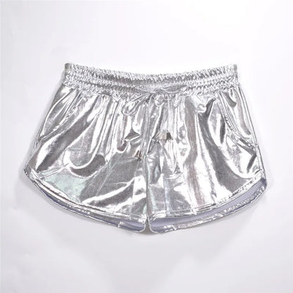 Women Shiny Metallic Hot Shorts Holographic Wet Look Casual Solid Elastic Drawstring Festival Rave Booty Shorts 2022 Summer New