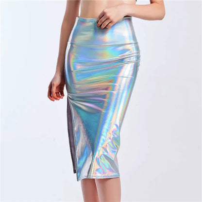 Chic Women Slim Long Holographic Laser Skirt Female High Waist Split Midi Skirts Office Lady Sexy Knee Length Skirts Summer New