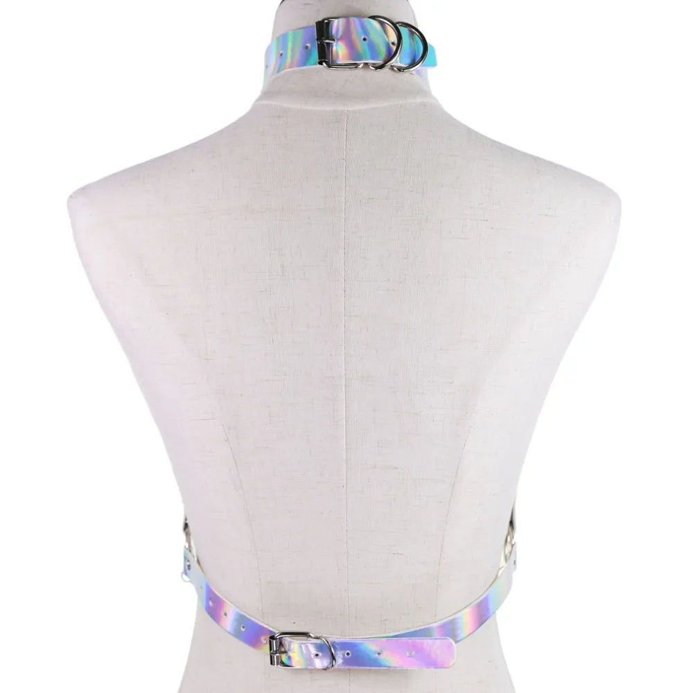 Holographic Leather  Body Chain Harness Top Punk  Women Holo Rainbow  Waist  Jewelry  Festival Rave Outfit