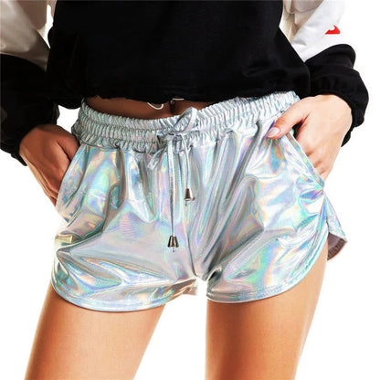 Women Shiny Metallic Hot Shorts Holographic Wet Look Casual Solid Elastic Drawstring Festival Rave Booty Shorts 2022 Summer New