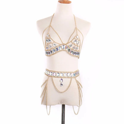 Rhinestone Body Jewelry Women Waist belt chain top bra Harness Summer Bikini water drop bodychain Summer Festival Jewelry