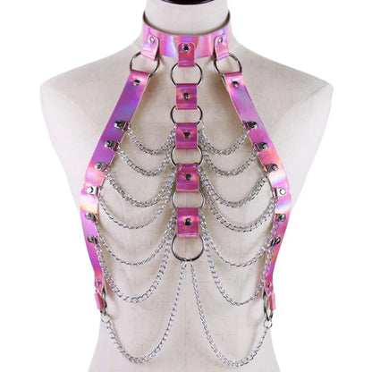 Arnés de cadena para el cuerpo de cuero holográfico, Top Punk para mujer, joyería de cintura de arcoíris, traje de fiesta rave