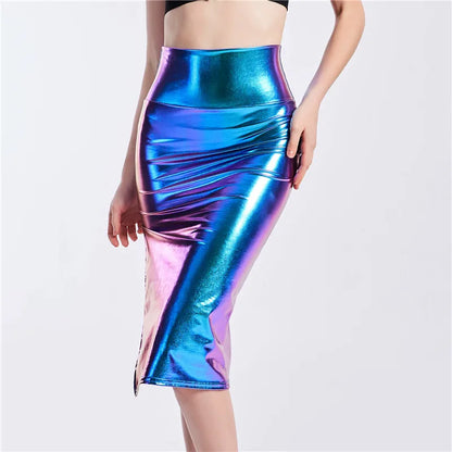 Chic Women Slim Long Holographic Laser Skirt Female High Waist Split Midi Skirts Office Lady Sexy Knee Length Skirts Summer New