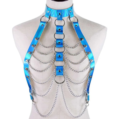 Harnais holographique en cuir pour femmes, chaîne de corps, haut Punk, bijoux de taille arc-en-ciel, tenue de Festival Rave