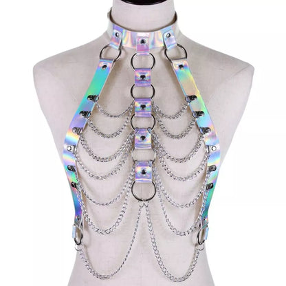 Arnés de cadena para el cuerpo de cuero holográfico, Top Punk para mujer, joyería de cintura de arcoíris, traje de fiesta rave