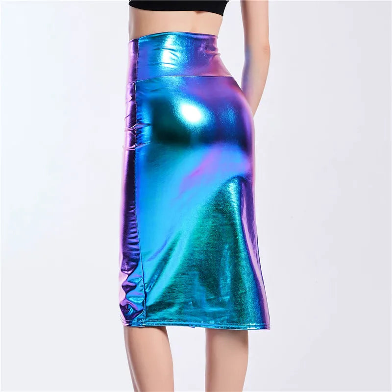 Chic Women Slim Long Holographic Laser Skirt Female High Waist Split Midi Skirts Office Lady Sexy Knee Length Skirts Summer New