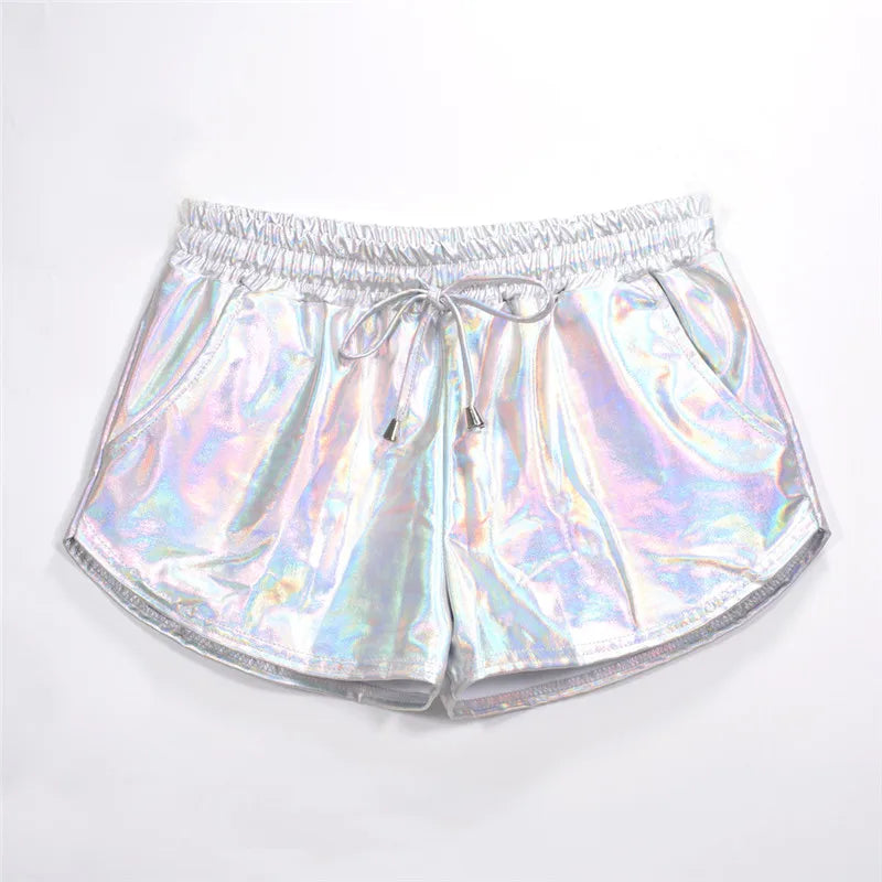 Short métallique brillant pour femmes, Look mouillé holographique, décontracté, solide, élastique, cordon de serrage, Festival Rave, butin, nouvelle collection été 2022