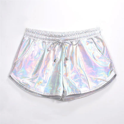 Women Shiny Metallic Hot Shorts Holographic Wet Look Casual Solid Elastic Drawstring Festival Rave Booty Shorts 2022 Summer New