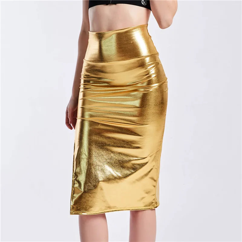 Chic Women Slim Long Holographic Laser Skirt Female High Waist Split Midi Skirts Office Lady Sexy Knee Length Skirts Summer New