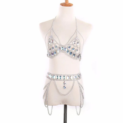 Rhinestone Body Jewelry Women Waist belt chain top bra Harness Summer Bikini water drop bodychain Summer Festival Jewelry