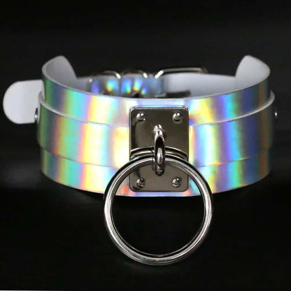 Collier ras du cou holographique pour femmes, chaîne Punk arc-en-ciel en cuir, bijoux de costume de fête emo rave festival