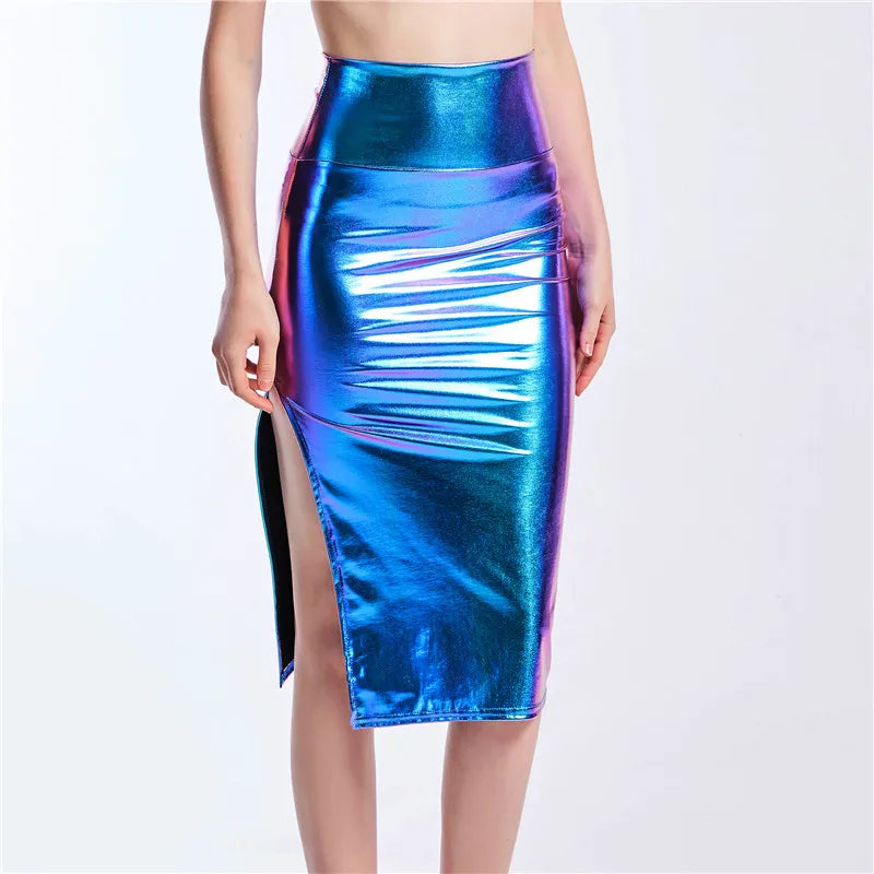 Chic Women Slim Long Holographic Laser Skirt Female High Waist Split Midi Skirts Office Lady Sexy Knee Length Skirts Summer New