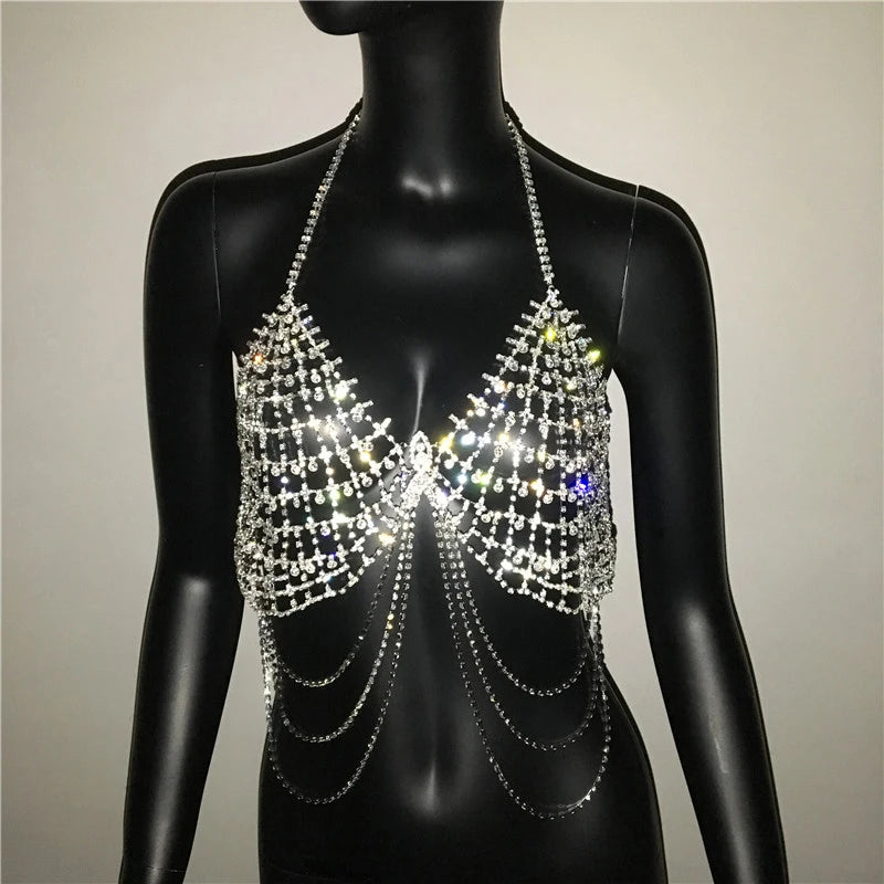 Sexy évider strass gland luxe débardeur été femmes voir à travers profond V dos nu licou brillant diamants chaîne haut court