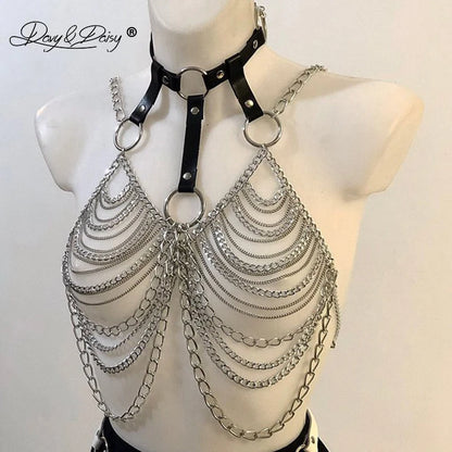 DAVYDAISY Women Punk Metal Chain Leather Top With Choker Nightclub Bra Belt Bondage Harness Rave Sexy Lingerie Cage Straps TA524