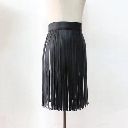 Vintage Black White Pu Leather Skirts Long Fringe Tassel High Waist Gothic Sexy Ladies Slim Music Festival Clubwear Skirt 2019