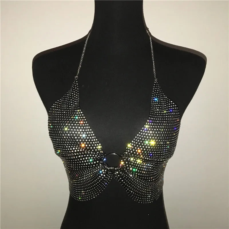 Black Brilliant Rhinestone Two Piece Set Low Cut Backless Crop Top Elastic Waist Diamonds Skirts Sexy Night Club Outfits 2022