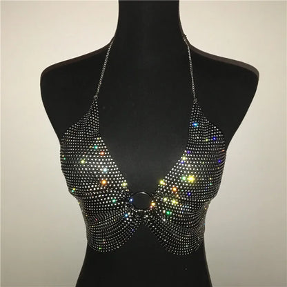 Conjunto de dos piezas de diamantes de imitación brillantes, Top corto con espalda al aire, cintura elástica, faldas de diamantes, trajes de club nocturno sexys, color negro, 2022