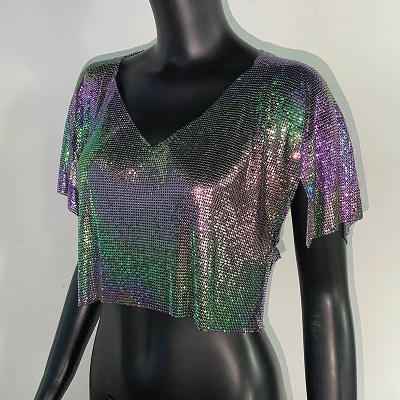 T-shirt col en V pour femme, haut à paillettes colorées en métal, manches à volants, brillant, décontracté, ample, à la mode, Streetwear, 2022