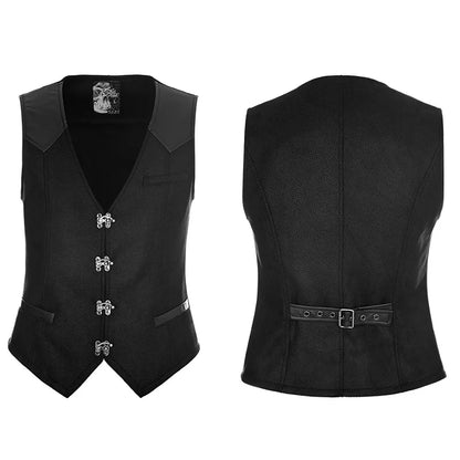 PUNK RAVE Steampunk Metal Rock Buttons Twill Men Waistcoat Vest PU leather Adjustable band Pockets Tank Tops Black Party Tees