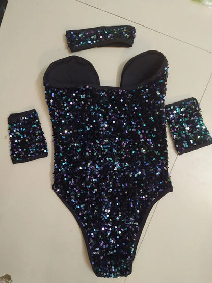 Sequins Bodysuit Bar Jazz Pole Dancing Costume For Female Rave Outfits Nightclub Dj Singer Dancer Stage Show Dancewear VDB3769