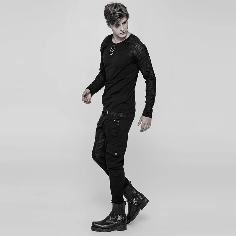 PUNK RAVE New Black Punk Men Long Sleeve T-Shirt Gothic  Fashion Casual Daily Cotton Dark Cool Man Tees Slim-Fitting Tops