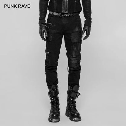 PUNK RAVE Men's Gothic Decadent Black Twill Trousers with Stitching Patches and Zip Features Punk Rock Men Pants Streetwear