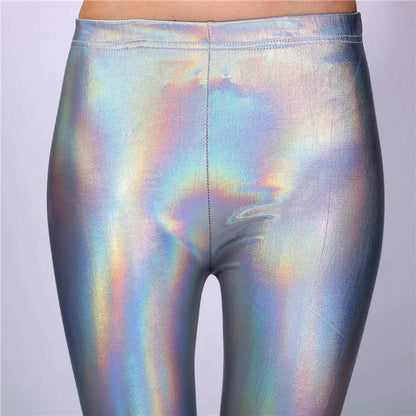 Glitter Holographic Pu Long Pants Rainbow Color Striped Elastic Pencil Pants Sexy Women Skinny Trousers Streetwear 2022 Fall