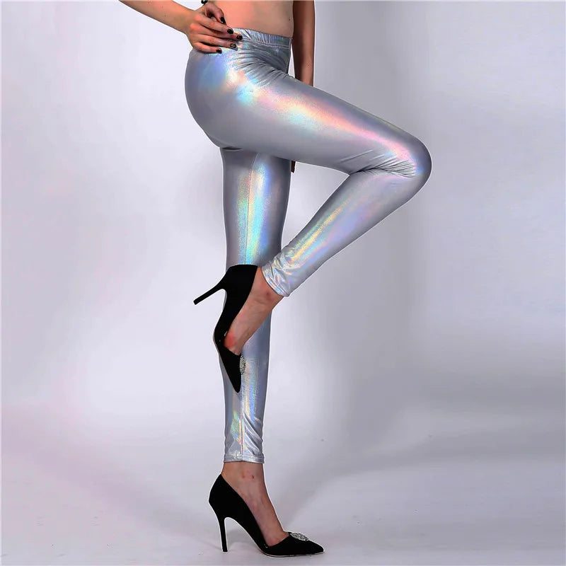 Glitter Holographic Pu Long Pants Rainbow Color Striped Elastic Pencil Pants Sexy Women Skinny Trousers Streetwear 2022 Fall