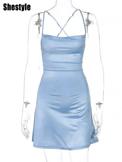 Shestyle-vestido de satén acampanado para mujer, vestido Sexy elegante azul y negro con tirantes finos, Espalda descubierta, cuello cuadrado cruzado, corte bajo, cintura alta sólida