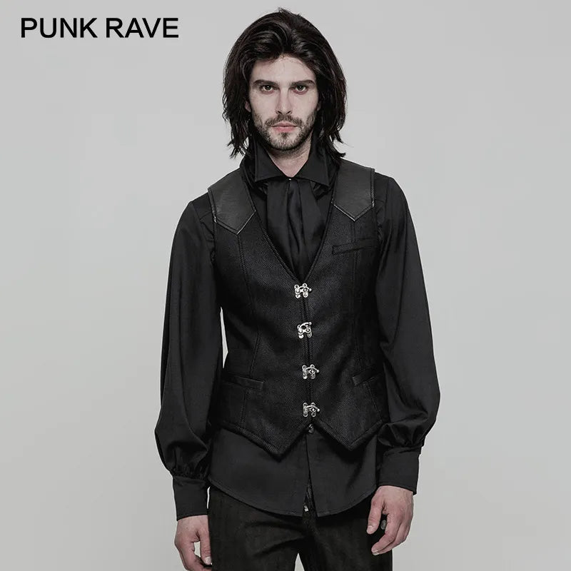 PUNK RAVE Steampunk Metal Rock Buttons Twill Men Waistcoat Vest PU leather Adjustable band Pockets Tank Tops Black Party Tees