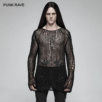 PUNK RAVE Gothic Casual Broken Hole Pullovers Personality Black loose Men's Sweater punk cosplay dark Visual Kei