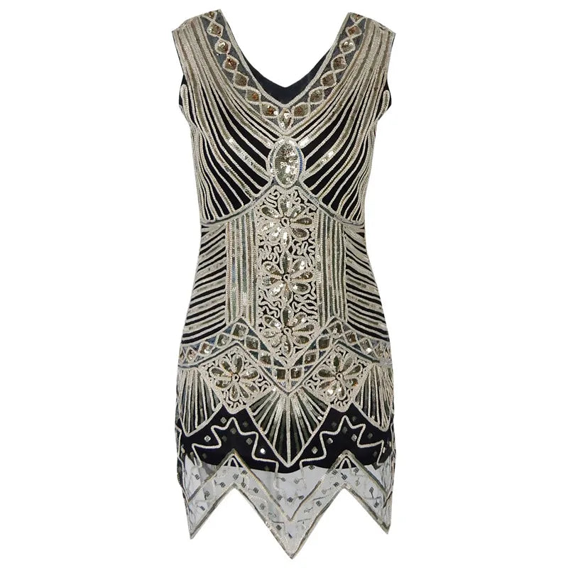 1920s Women's Sequin Triangle Hem Dress Sleeveless Gold Thread Embroidery Tassel Gatsby Party Dress