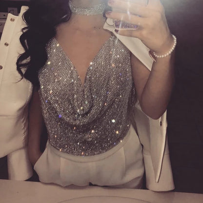 AKYZO Sexy licou fait à la main brillant strass haut court femmes dos nu été plage Chic fête Bralette recadrée débardeur