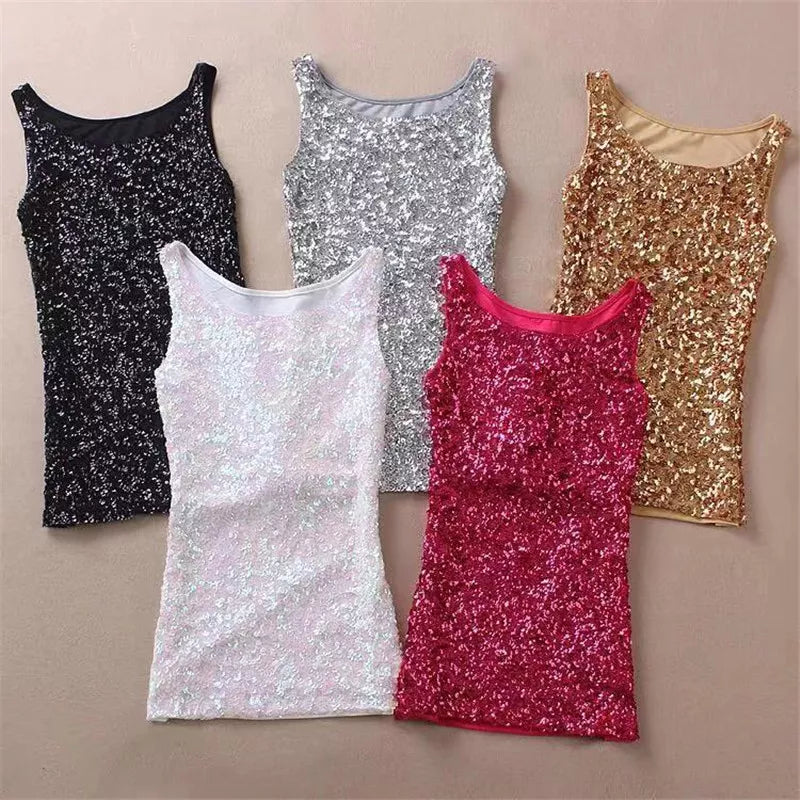 Chaleco sin mangas adornado con lentejuelas brillantes para mujer, camisetas sin mangas, ropa de estilo de moda para fiesta de cóctel y discoteca