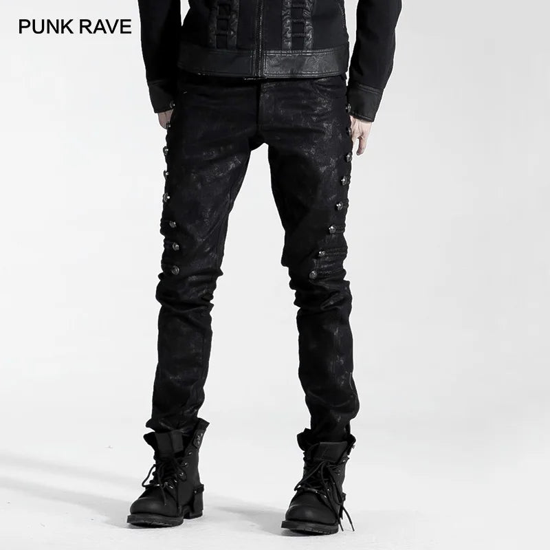 PUNK RAVE Men's Uniform Style Steampunk Street  Handsome Straight Elastic Pants Fashion Black Rivet Men Pencil Trousers