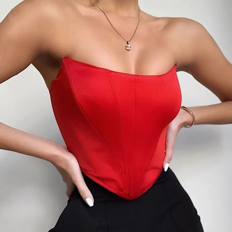 Sin mangas de hombro de terciopelo moda Sexy corsé Crop Tops chaleco ropa interior femenina espalda descubierta Bustier Top sólido