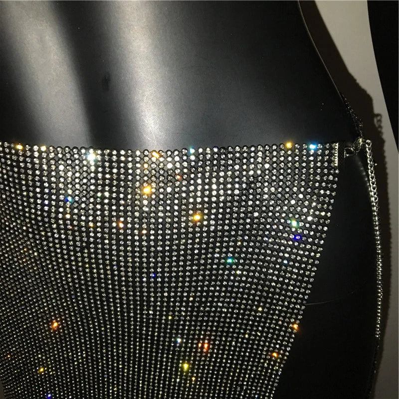 AKYZO Women's Sexy Clubwear Split Rhinestone Mini Skirt 2023 New Luxury Metal Sequin Glitter Crystal Party Skirt Gold/Silver