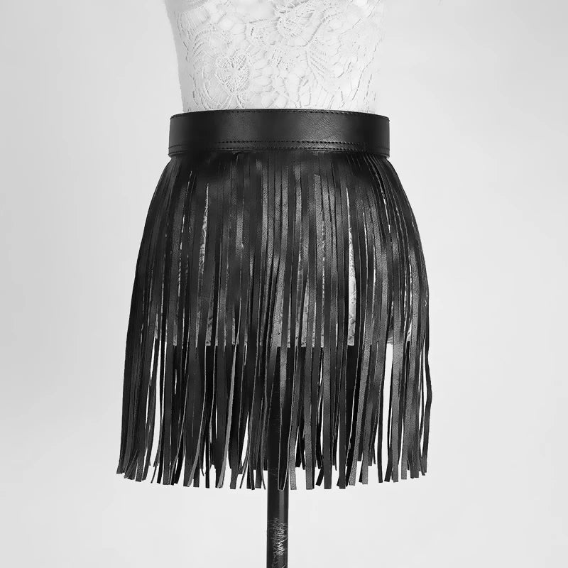 Vintage Black White Pu Leather Skirts Long Fringe Tassel High Waist Gothic Sexy Ladies Slim Music Festival Clubwear Skirt 2019