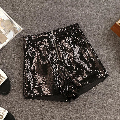 Bling Sexy Women Sequin Shorts High Waist O-Ring Zip Bodycon Shorts Feminino Skinny Party Club Festival Raves Pole Dance Shorts