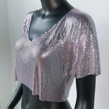 T-shirt col en V pour femme, haut à paillettes colorées en métal, manches à volants, brillant, décontracté, ample, à la mode, Streetwear, 2022