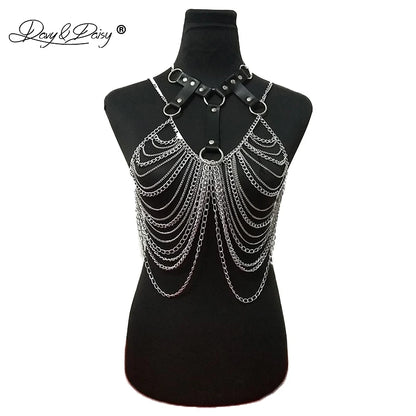 DAVYDAISY Women Punk Metal Chain Leather Top With Choker Nightclub Bra Belt Bondage Harness Rave Sexy Lingerie Cage Straps TA524