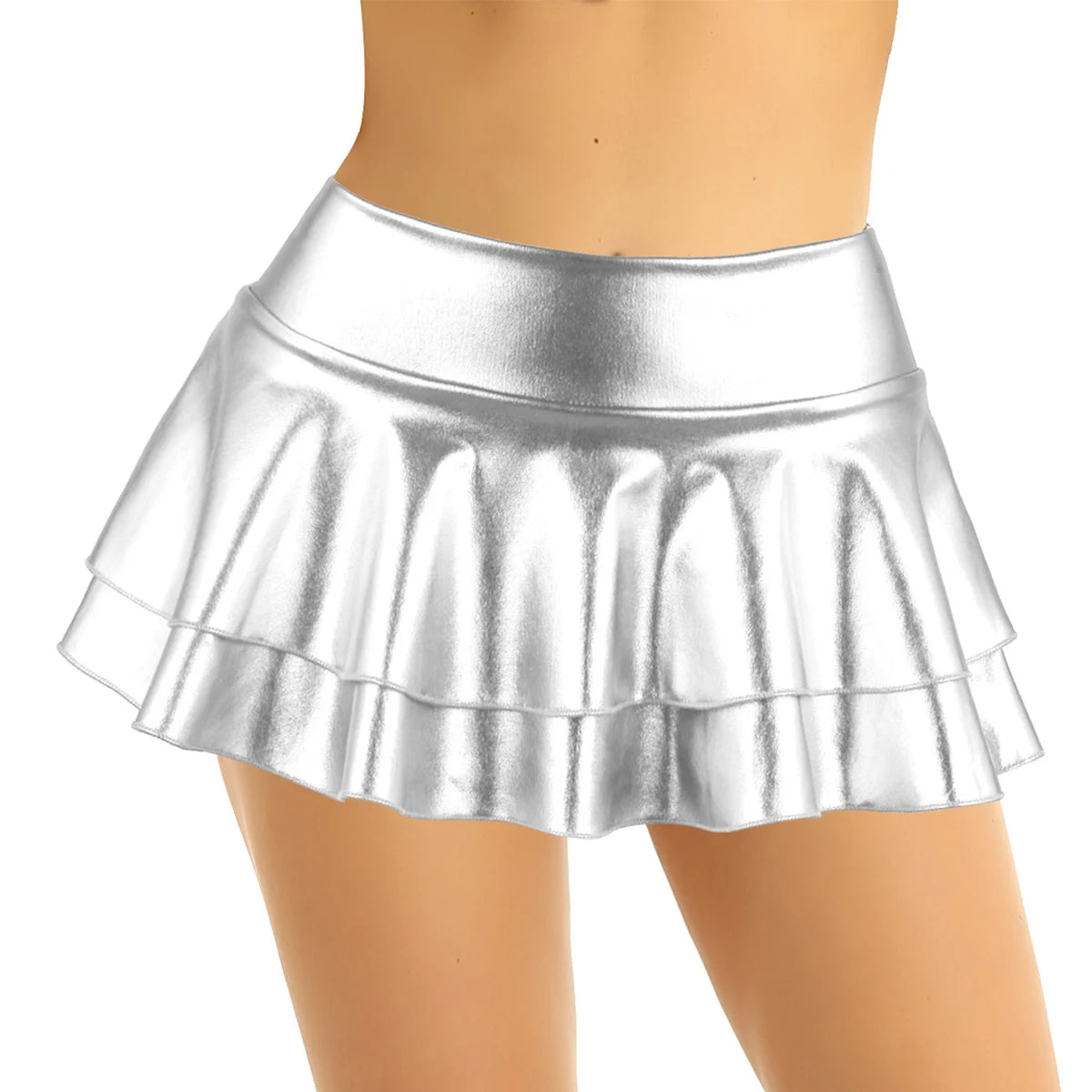 DPOIS Women Shiny Metallic Pleated Mini Skirt Adult Low Rise Elastic Skirts Ruffled Dance Costume Rave Carnival Festival Clothes