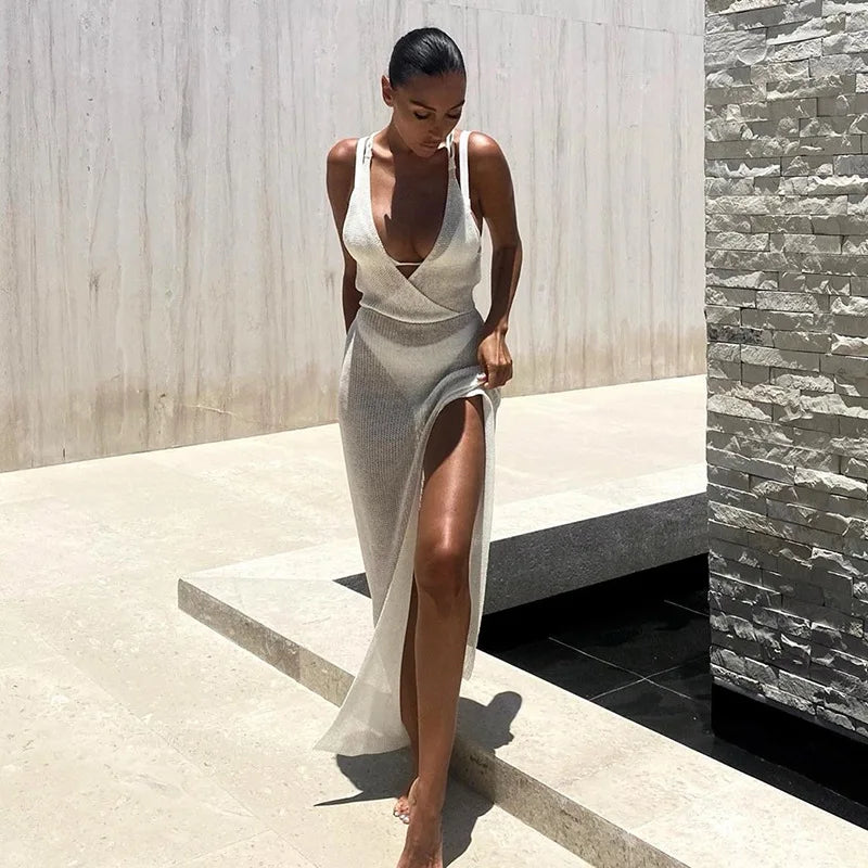 Cryptographic Crochet Beach Maxi Dress for Women See Through Sexy Plunge Backless Bandage Sleeveless Lacing Split Long Dresses