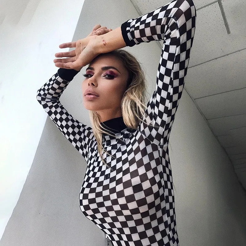 sexy black white plaid checkerboard t-shirts for women Hollow out slim top female t-shirt long sleeve tee shirts