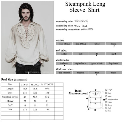 PUNK RAVE Black White Colours Steampunk Men's Loose Long Sleeve Shirt Gothic vintage victorian Fashion Men Top clothing