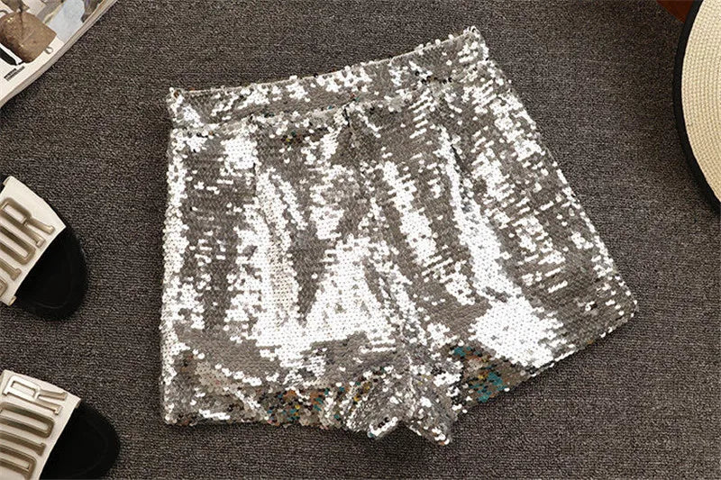 Bling Sexy Women Sequin Shorts High Waist O-Ring Zip Bodycon Shorts Feminino Skinny Party Club Festival Raves Pole Dance Shorts