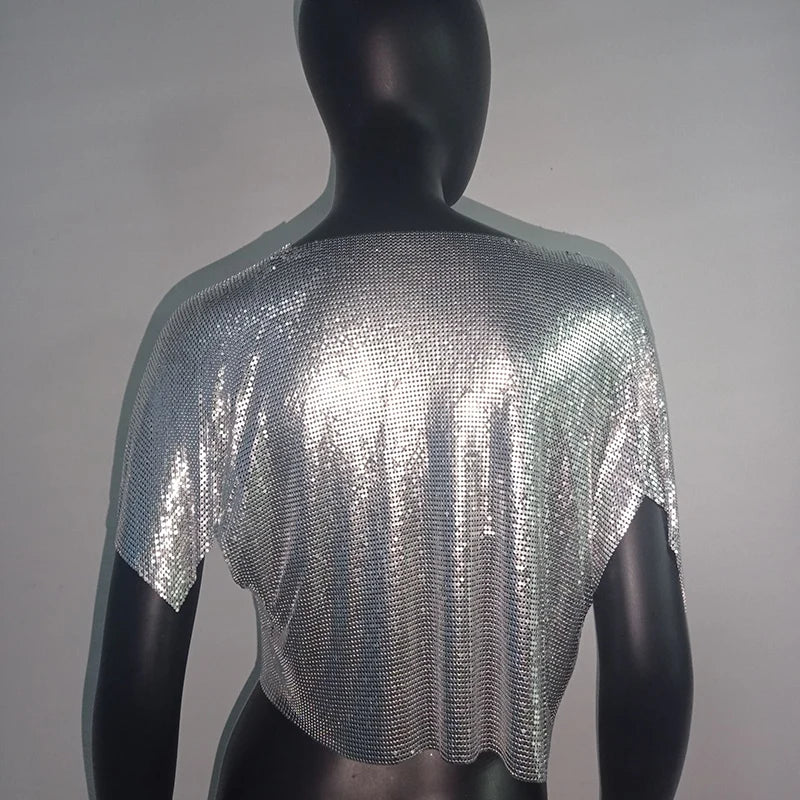 T-shirt col en V pour femme, haut à paillettes colorées en métal, manches à volants, brillant, décontracté, ample, à la mode, Streetwear, 2022