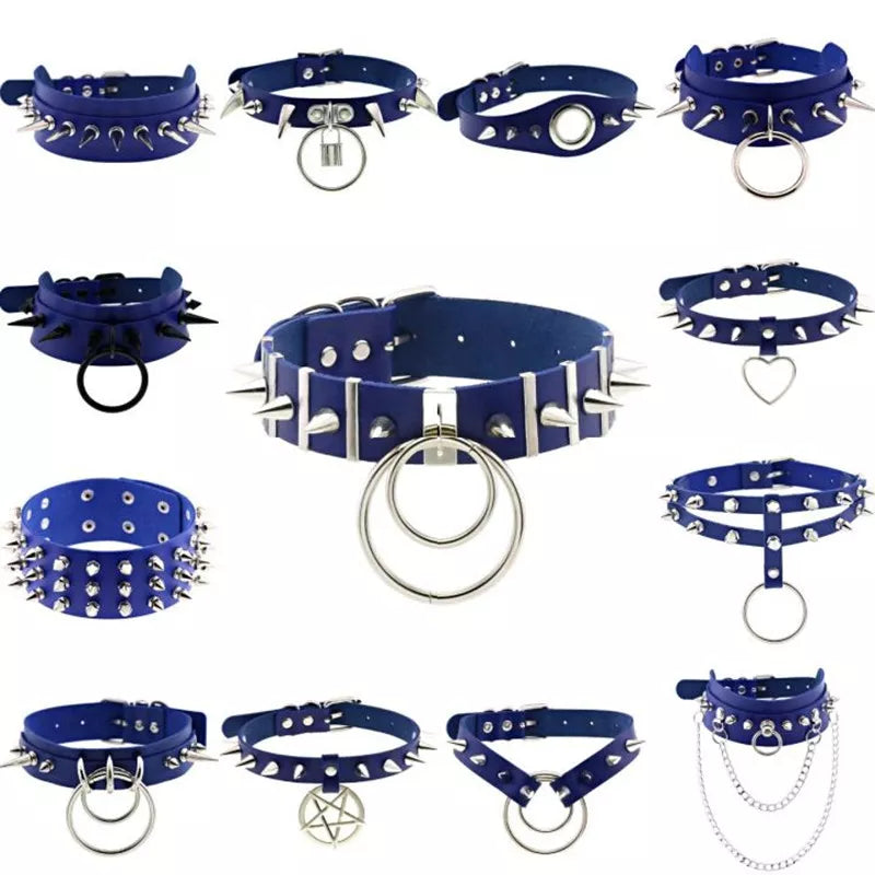 Trendy Blue Cosplay Harajuku Punk Rock Gothic Necklace Sexy PU Leather Heart Round Spike Collar Choker Necklace Body Accessories